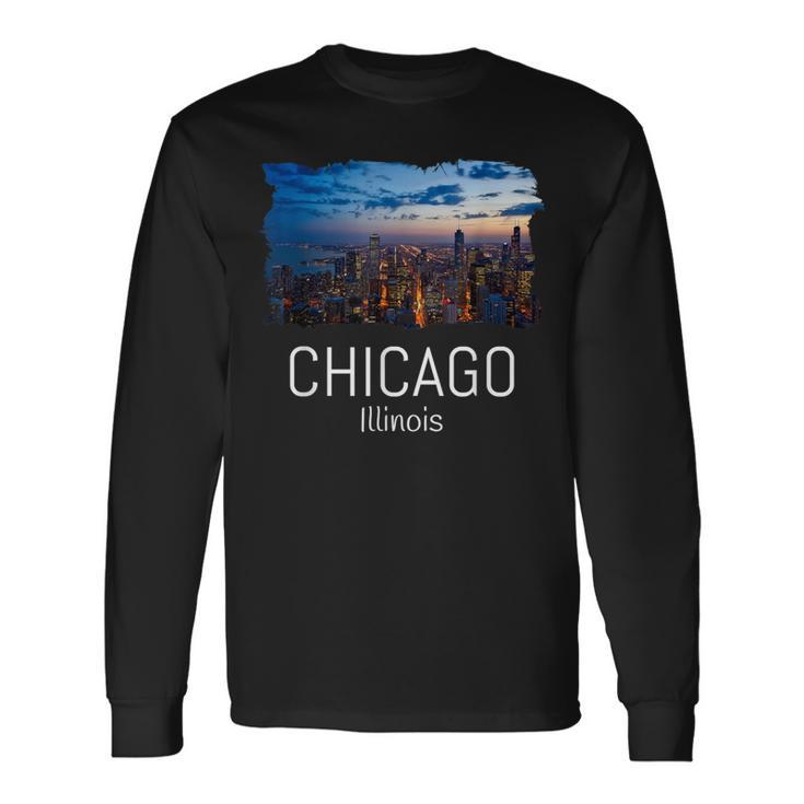 Chicago Skyline At Night Cool Souvenir Chicago Illinois Long Sleeve T-Shirt