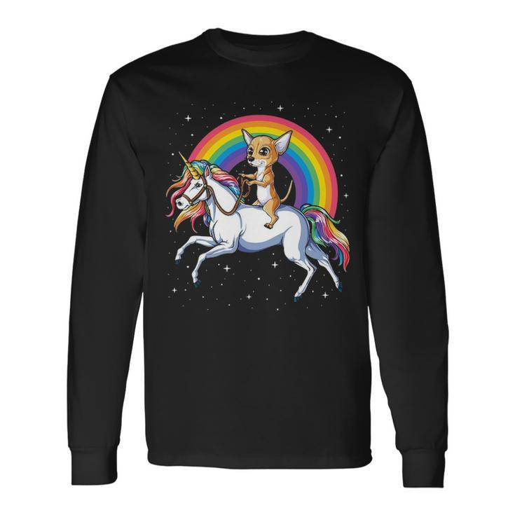 Chihuahua Riding Unicorn Women Girls Rainbow Galaxy Long Sleeve T-Shirt