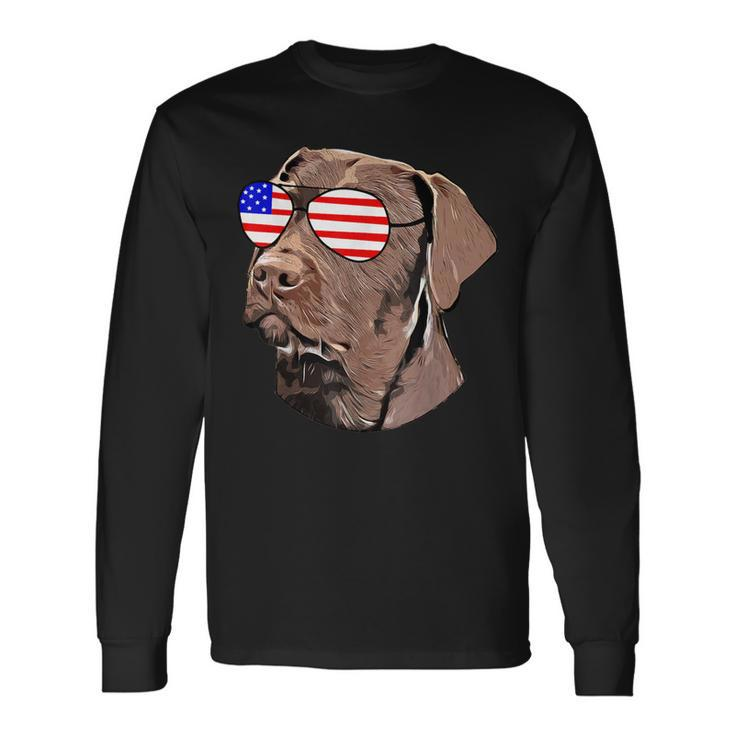 Chocolate Lab American Flag Sunglasses Dog Lover Long Sleeve T-Shirt