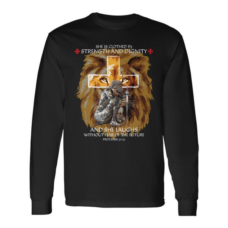 Christian Sayings Verses Lion Judah Cross Proverbs 31 Long Sleeve T-Shirt