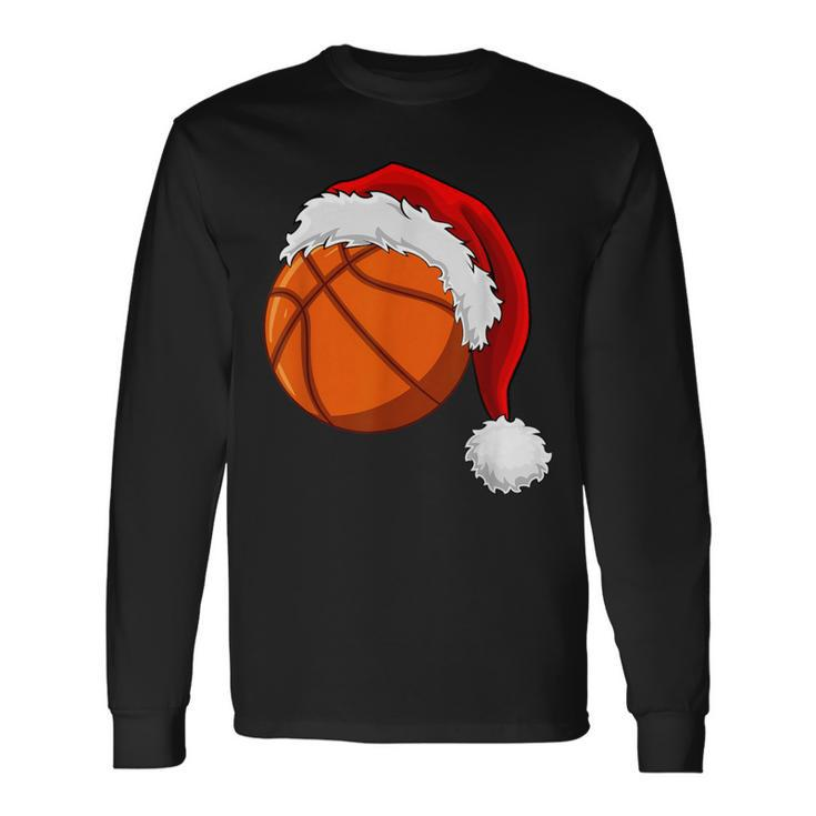 Christmas Basketball Ball Santa Hat Boys Sport Xmas Long Sleeve T-Shirt