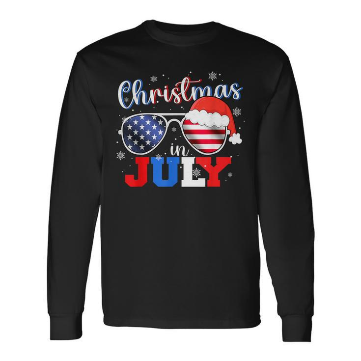 Christmas In July Santa Hat Sunglasses Usa Flag 4Th Of July Long Sleeve T-Shirt