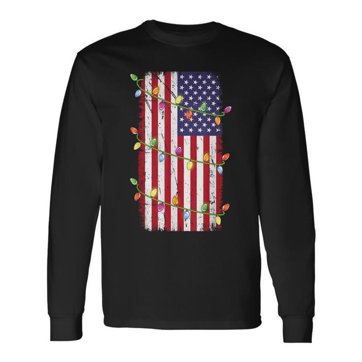 Christmas Lights Usa Flag Patriotic Veteran Christmas Long Sleeve T-Shirt