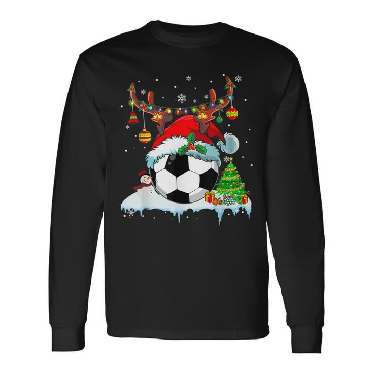 Christmas Soccer Player Lights Ball Santa Hat Xmas Pajama Long Sleeve T-Shirt