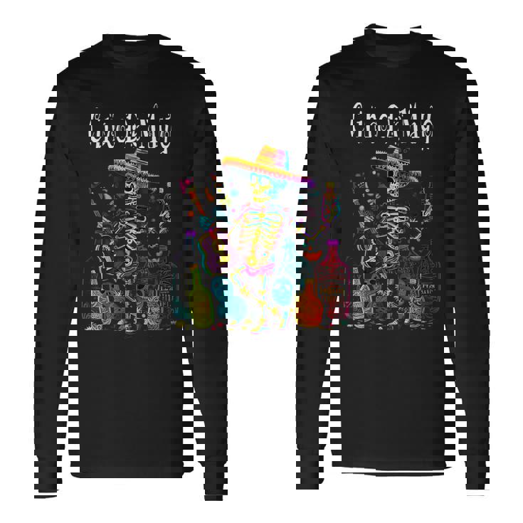 Cinco De Mayo Fiesta Mexican Skeleton Guitar Sombrero Long Sleeve T-Shirt