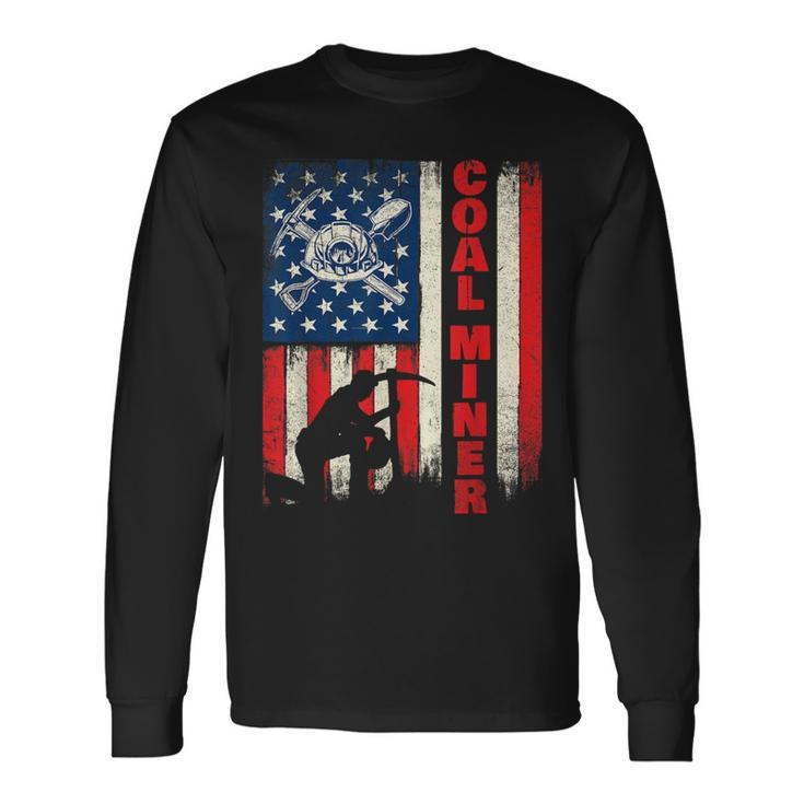 Coal Miner Patriotic Usa Flag Pitman Underground Mining Long Sleeve T-Shirt