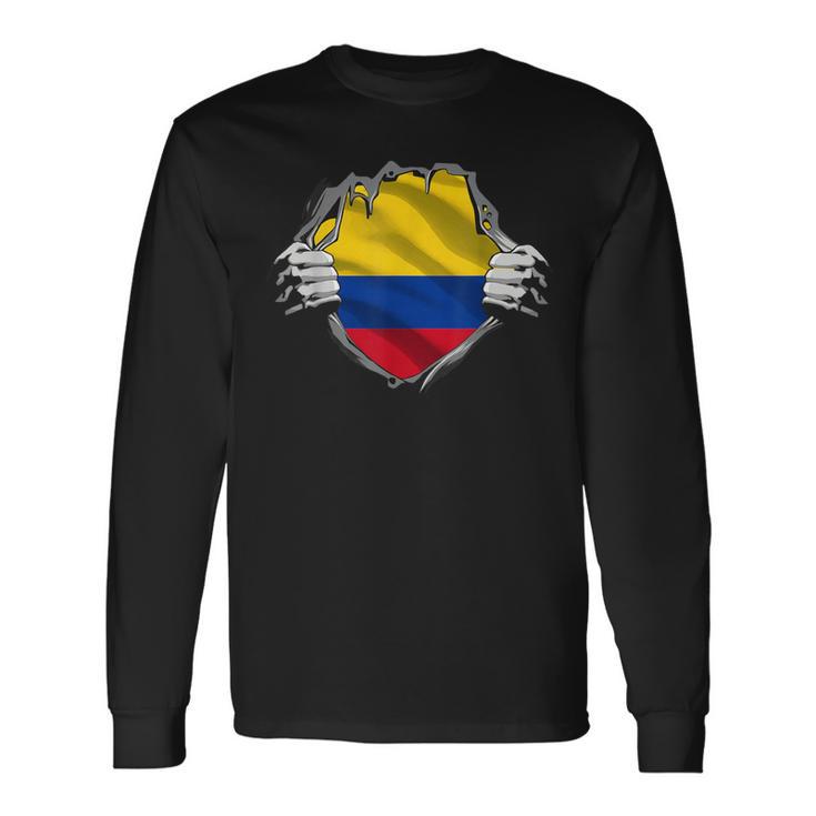 Colombia Flag Superhero Colombian Flag Langarmshirts Geschenkideen