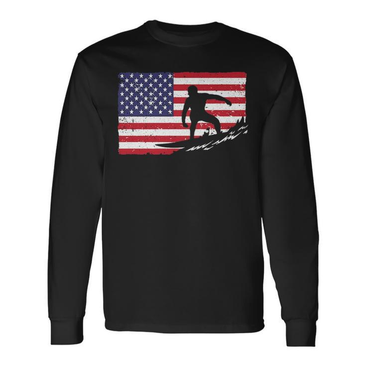 Cool Surfing For Men 4Th Of July American Flag Surfer Long Sleeve T-Shirt