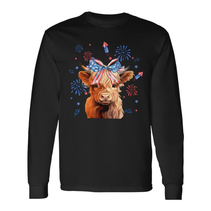 Coquette Highland Cow 4Th Of July Patriotic Cute Animal Long Sleeve T-Shirt