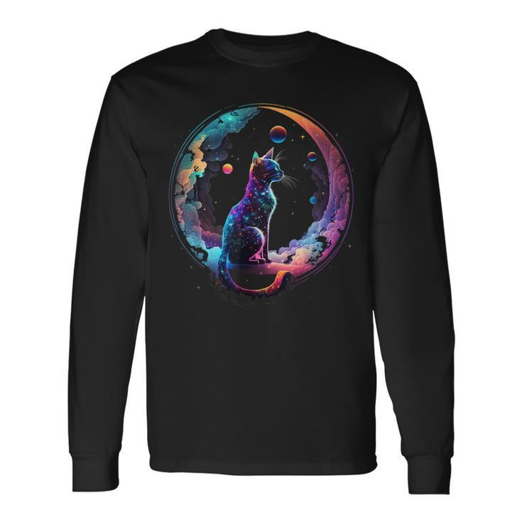 Cosmic Cat Cool Colorful Crescent Moon And Clouds Kitten Long Sleeve T-Shirt