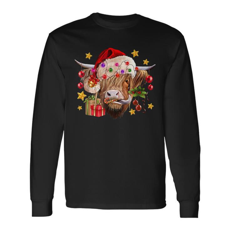 Cow Christmas Santa Hat Lights Christmas Tree Christmas Cow Long Sleeve T-Shirt