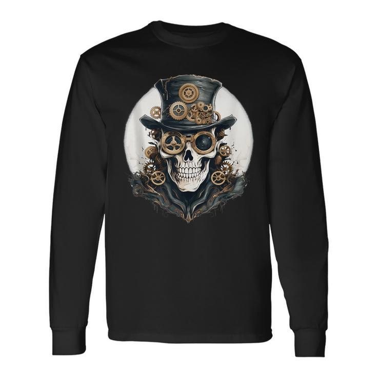 Creepy Steampunk Skulls And Gears Inspiration Graphic Long Sleeve T-Shirt