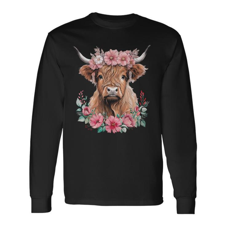 Cute Baby Highland Cow With Flowers Calf Animal Cow Women Long Sleeve T-Shirt