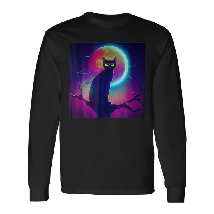 Cute Black Cat Spooky Yellow Purple Full Moon Logo Long Sleeve T-Shirt