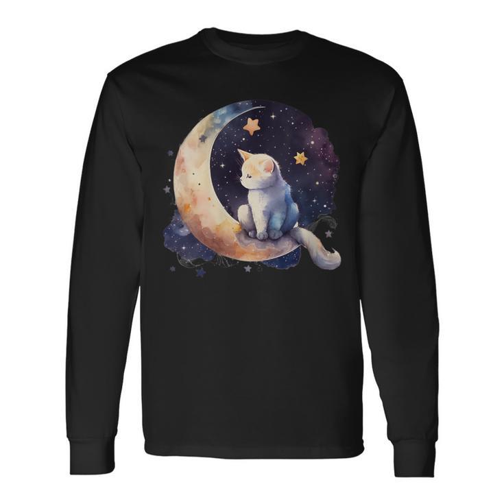 Cute Cat Crescent Moon Phases Purple Star Night Kawaii Cat Long Sleeve T-Shirt