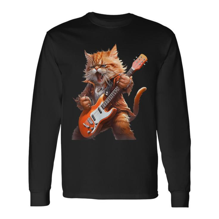 Cute Cat Playing Guitar Cat Lover Graphic Cat Kitten Lover Long Sleeve T-Shirt