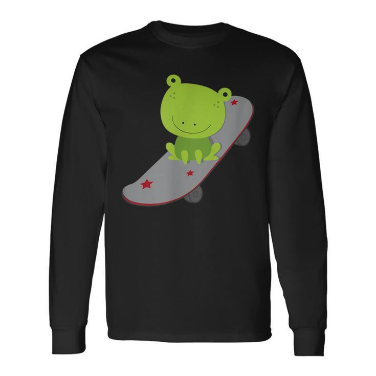 Cute Frog On Skateboard Kawaii Aesthetic Frog Long Sleeve T-Shirt