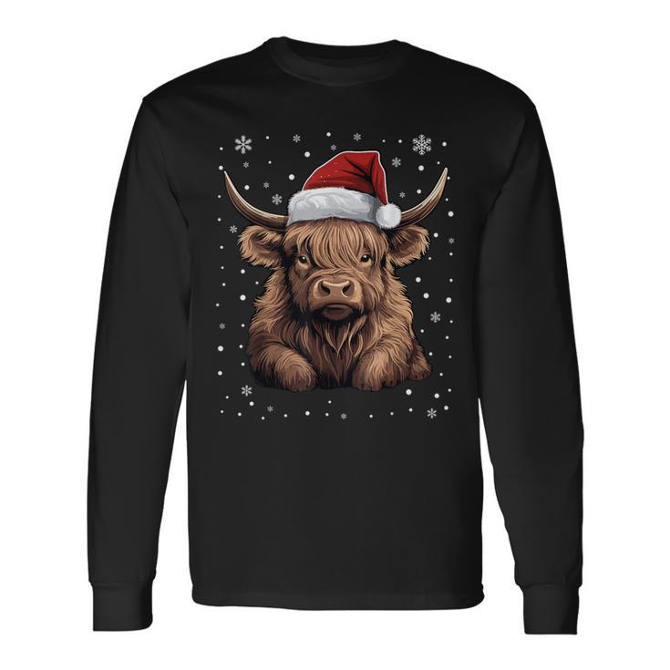 Cute Highland Cow Christmas Santa Hat Xmas Pajama Long Sleeve T-Shirt