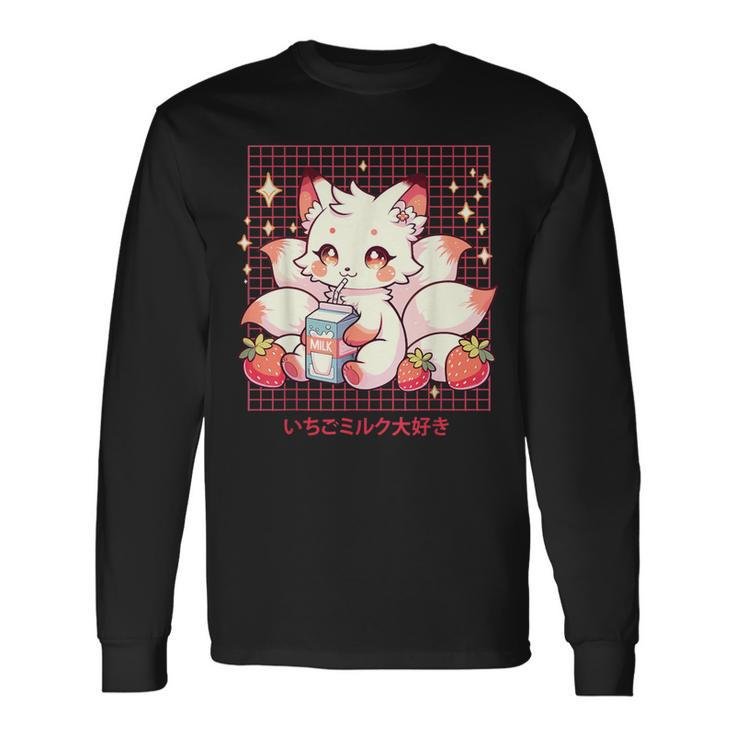 Cute Kitsune Japanese Anime Fox Kawaii Strawberry Milk Long Sleeve T-Shirt