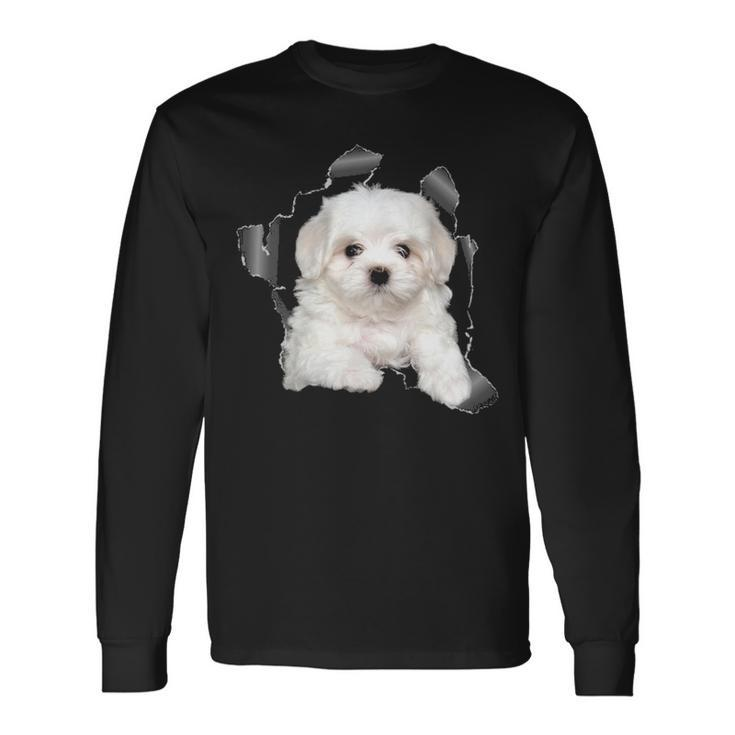 Cute Maltese Torn Cloth  Maltese Lover Dog Owner Puppy Long Sleeve T-Shirt