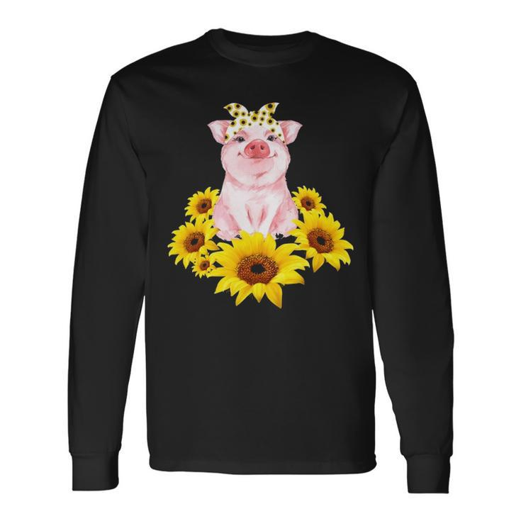 Cute Piggy With Sunflower Tiny Pig With Bandana Long Sleeve T-Shirt