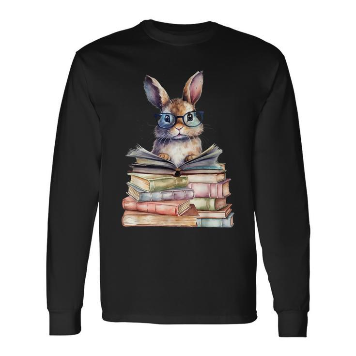 Cute Reading Bunny With Glasses Books Bookworm Reader Book Long Sleeve T-Shirt