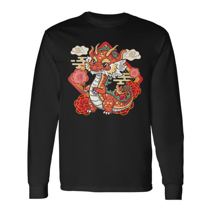 Cute Red Chinese New Year Of The Dragon 2024 Lunar Zodiac Long Sleeve T-Shirt