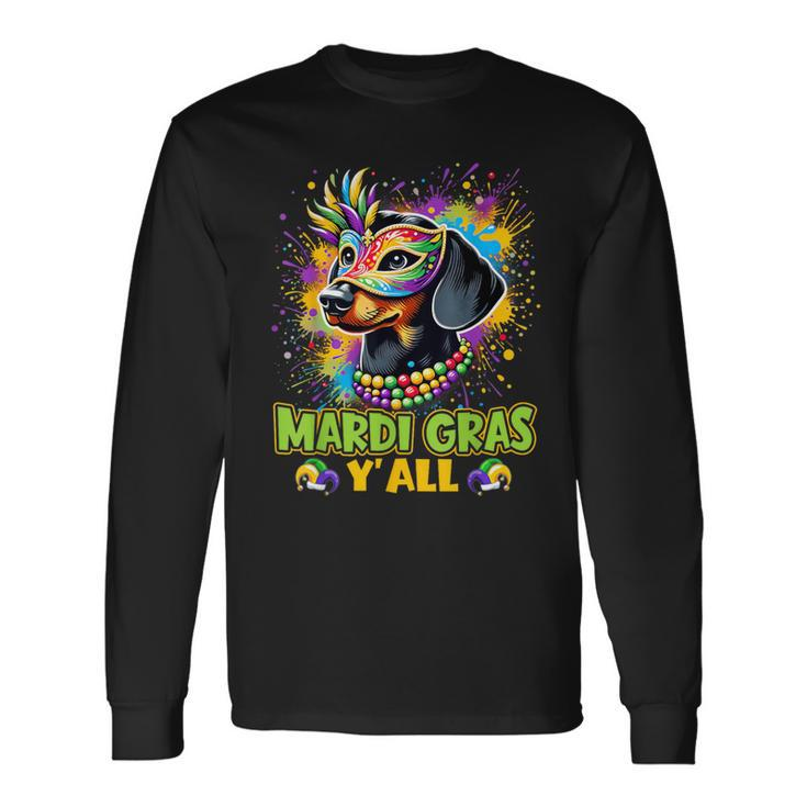 Dachshund Dog Mardi Gras Y'all With Beads Mask Colorful Long Sleeve T-Shirt