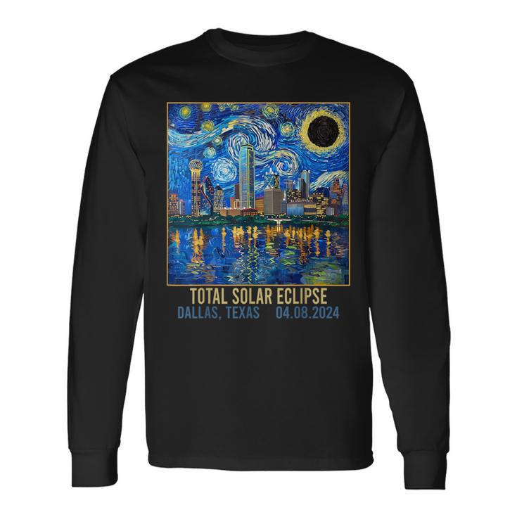 Dallas Texas Skyline Artistic Total Solar Eclipse 2024 Long Sleeve T-Shirt