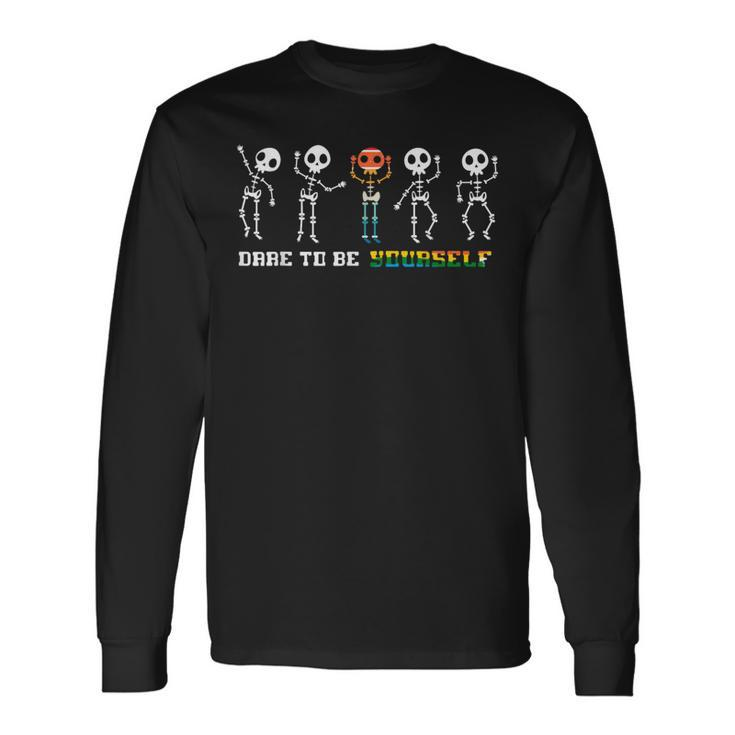 Dare To Be Yourself Be Different Lgbt Pride Skeleton Skull Long Sleeve T-Shirt