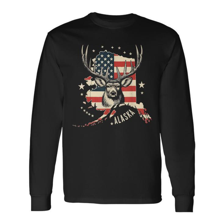 Deer Hunting American Flag Hunter Alaska Vintage Long Sleeve T-Shirt