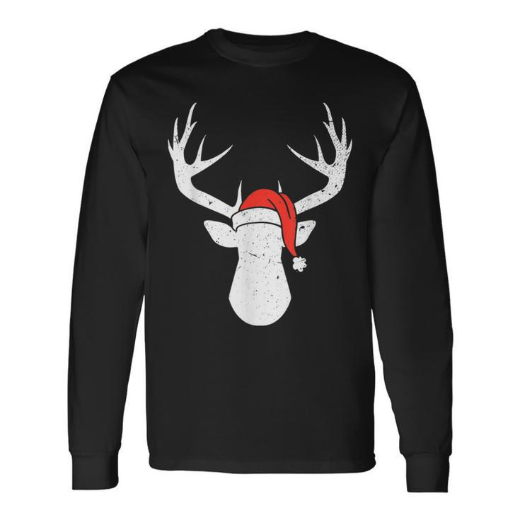 Deer With Santa Hat Christmas Pajama Hunting Hunter Xmas Long Sleeve T-Shirt