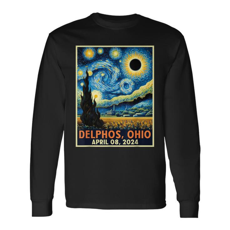 Delphos Ohio Total Solar Eclipse 2024 Starry Night Van Gogh Long Sleeve T-Shirt