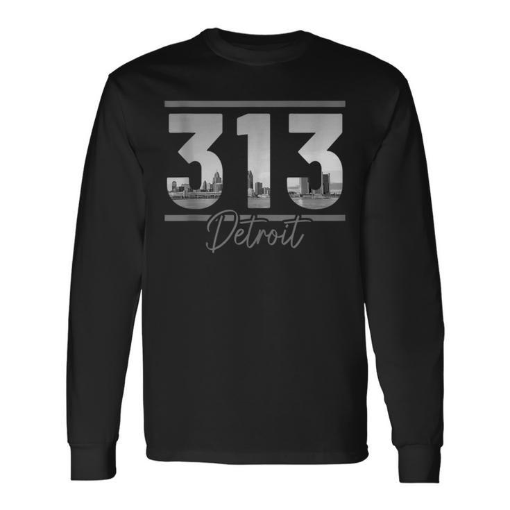 Detroit 313 Area Code Skyline Michigan Vintage Long Sleeve T-Shirt