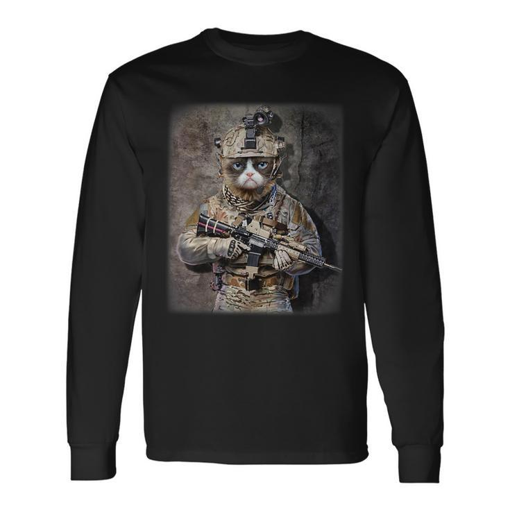 Disgruntle Cat As Army Commando In Full Tactical Long Sleeve T-Shirt