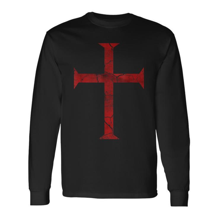 Distressed Deus Vult Knights Templar Cross Crusader Long Sleeve T-Shirt