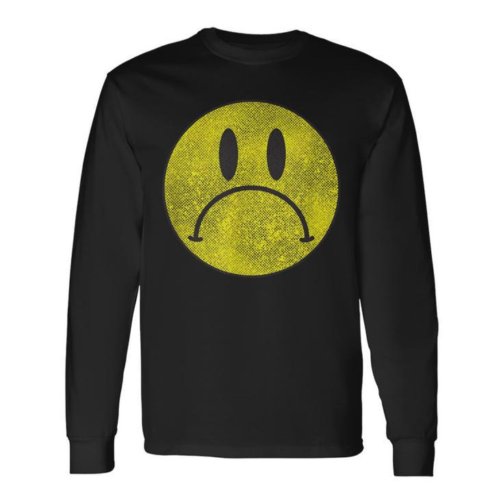 Distressed Frowny Anti Smile Grumpy Sad Face Long Sleeve T-Shirt
