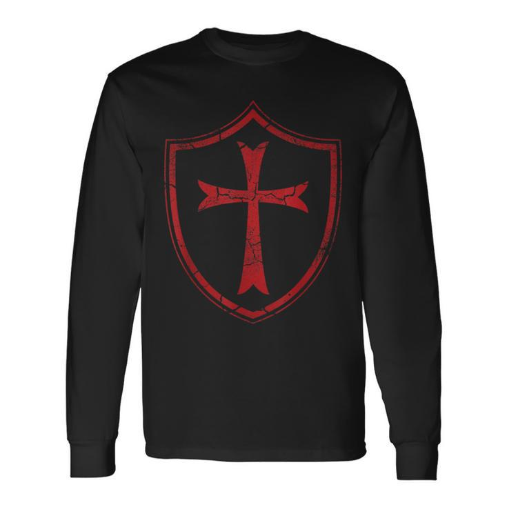 Distressed Knights Templar Cross And Shield Crusader Long Sleeve T-Shirt