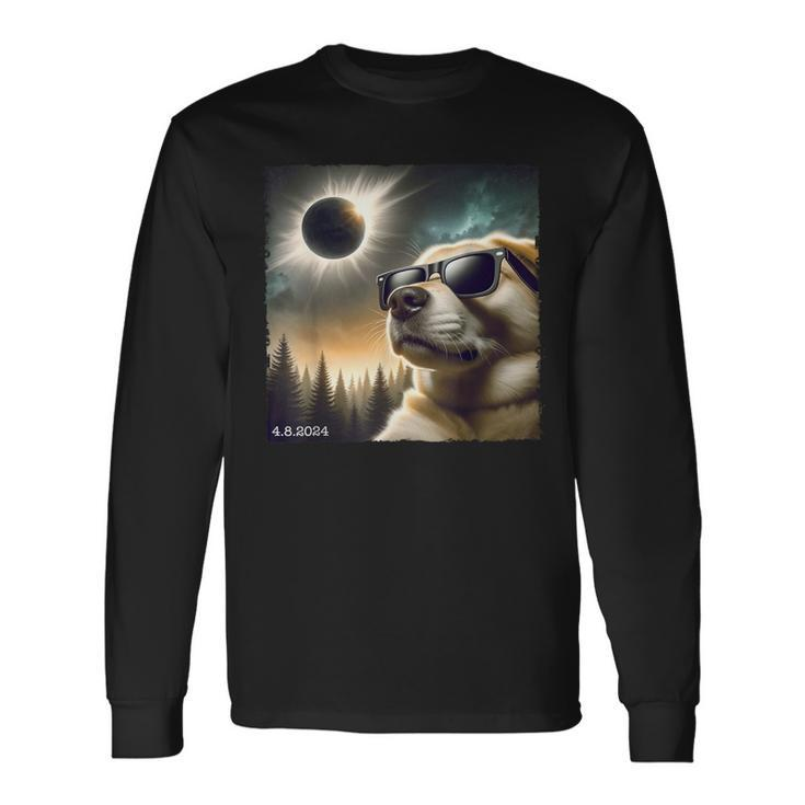 Dog Glasses Taking A Selfie With Solar 2024 Eclipse Long Sleeve T-Shirt