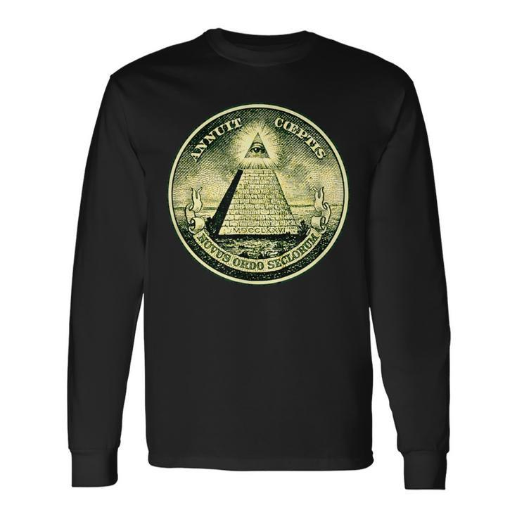 Dollar All-Seeing Eye Symbol Masonic Pyramid Triangle Long Sleeve T-Shirt