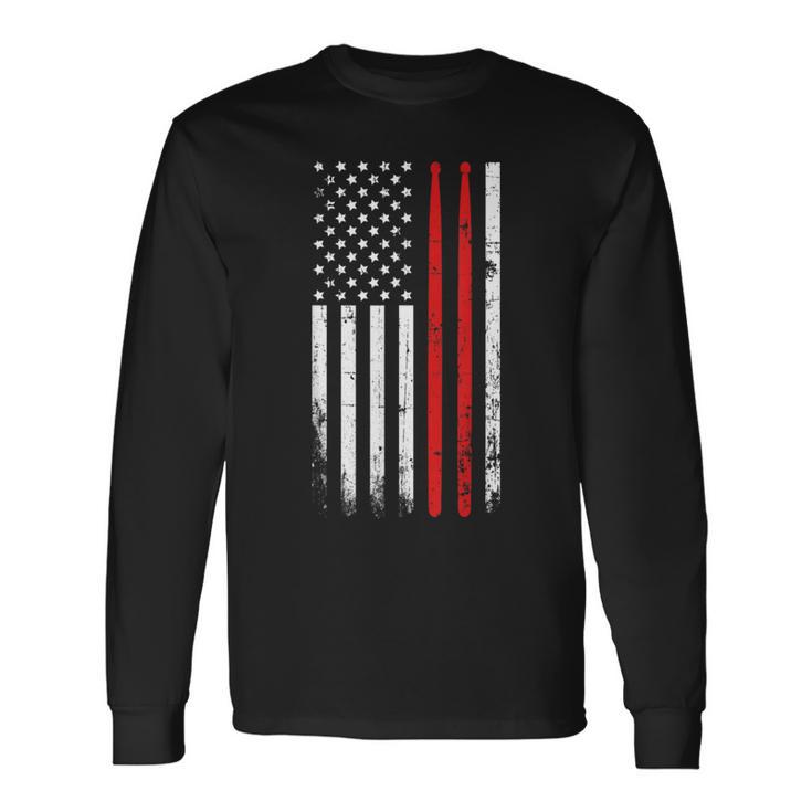 Drum Sticks On A Vintage American Flag For Drummers Long Sleeve T-Shirt