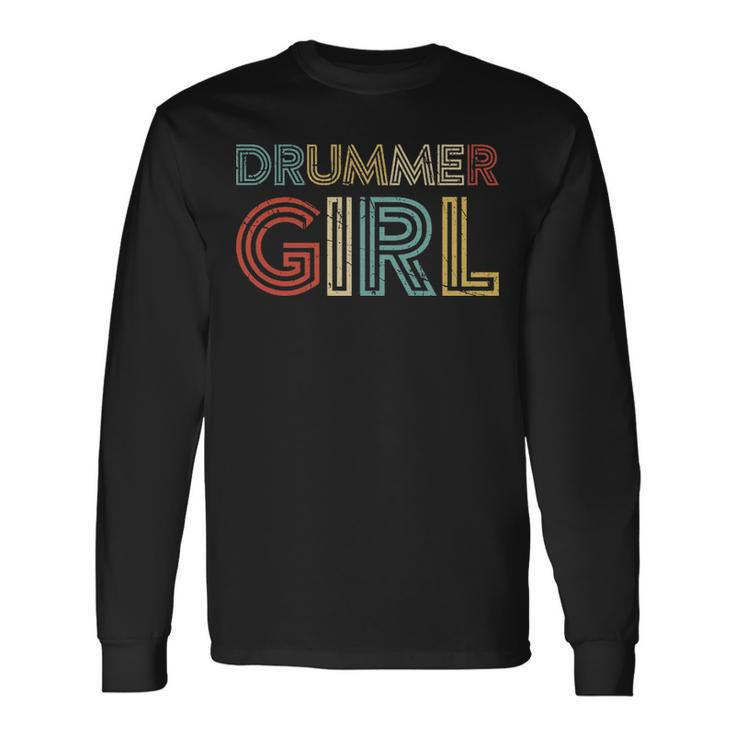 Drummer Girl Retro Vintage Drumming Musician Percussionist Long Sleeve T-Shirt