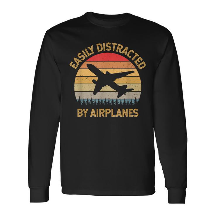 Easily Distracted By Airplanes Vintage Retro Long Sleeve T-Shirt Gifts ideas