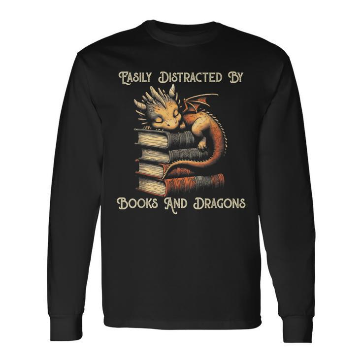 Easily Distracted By Books & Dragons Bookworm Reading Long Sleeve T-Shirt