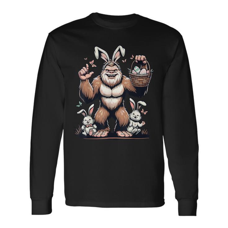 Easter Bigfoot With Bunny & Egg Basket Festive Celebration Long Sleeve T-Shirt