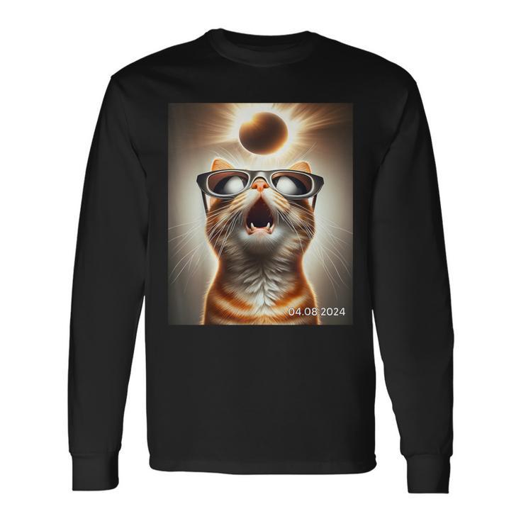 Eclipse Cosmic Tabby Cat With Sunglasses Solar Eclipse 2024 Long Sleeve T-Shirt