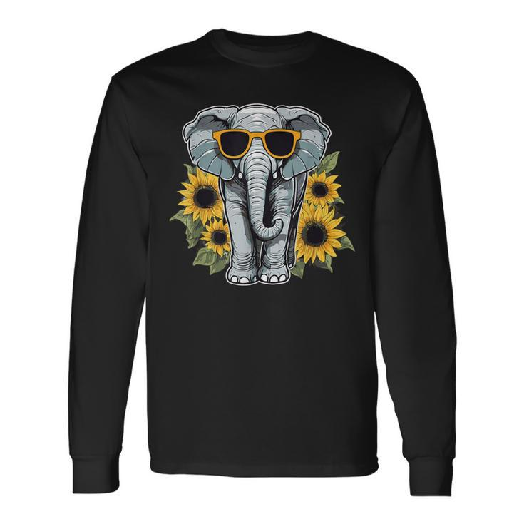 Elephant With Sunglasses And Sunflowers Long Sleeve T-Shirt