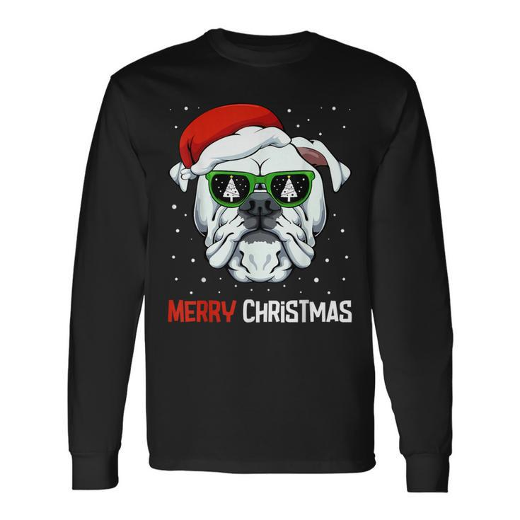 English Bulldog Merry Christmas Pajama Cute Dog Santa Hat Long Sleeve T-Shirt