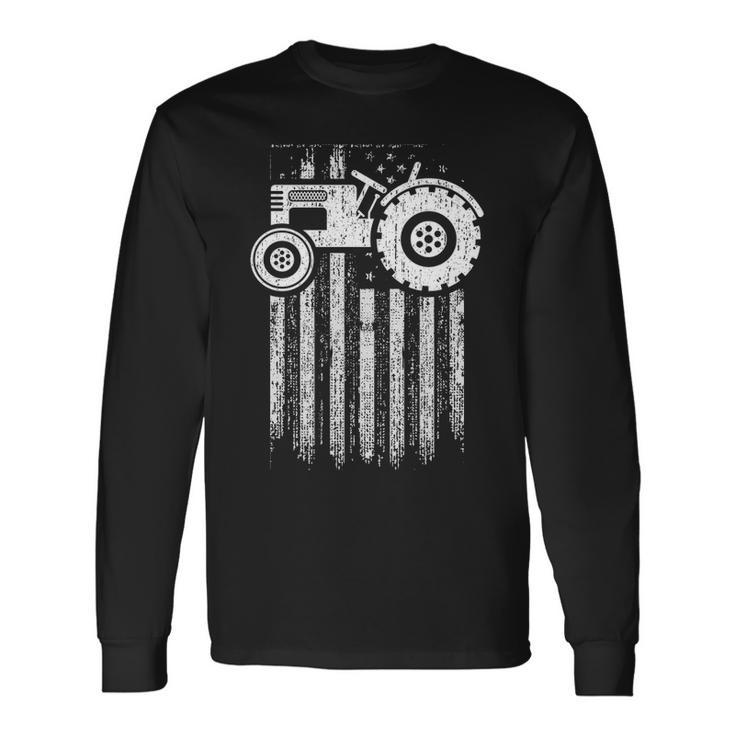 Farm Tractor With Distressed Usa Flag Long Sleeve T-Shirt