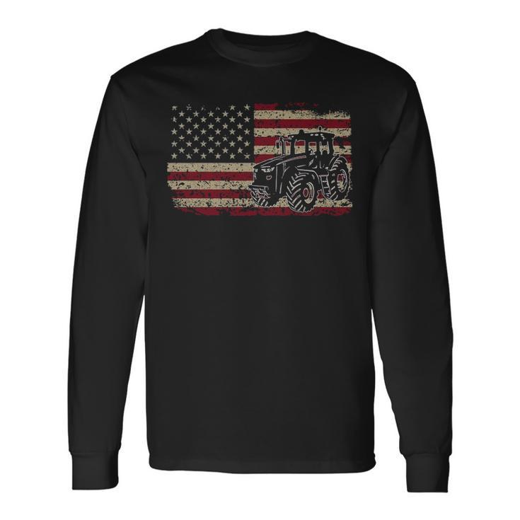 Farm Tractors America Flag I Patriotic Farming Pullover Long Sleeve T-Shirt